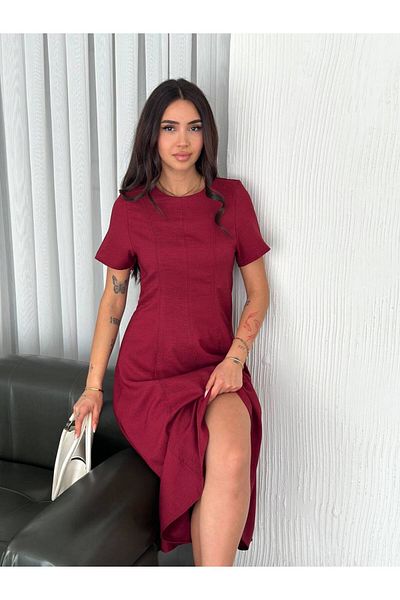 BYKUZEYARAS Summer Short Sleeve Linen Casual Midi Length Basic Dress Suitable for Daily Use