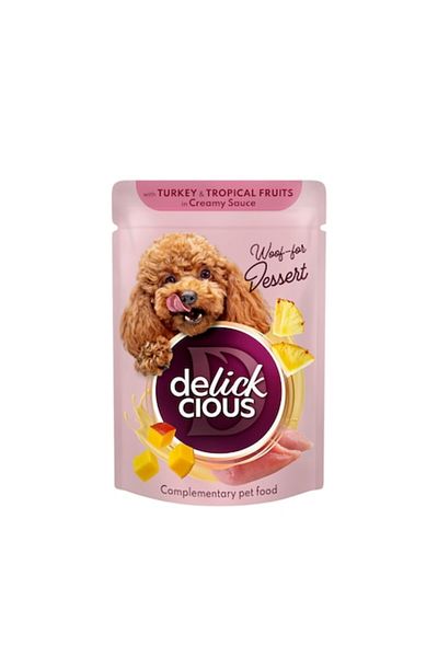 DELICKCIOUS Wet Food for Adult Dogs Turkey Meat Pieces and Tropical Fruits in Creamy Sauce 80g