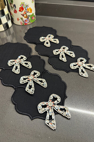 Bi Bashka Siyah peçete üzerine gümüş pembe taşlı fiyonk tasarımı 6lı kokteyl peçete