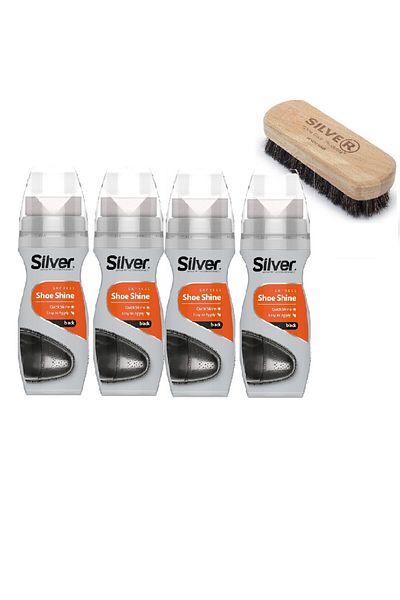 Silver Set 4 creme lichide premium de pantofi, cu aplicator si perie cu par de cal, 300 ml, Negru