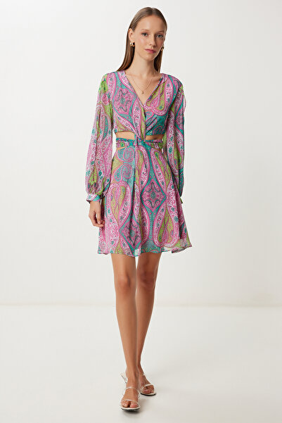 Lovelyİstanbul Φόρεμα σιφόν με μοτίβο και λεπτομέρεια LFG0092 ΡΟΖ ΠΡΑΣΙΝΟ