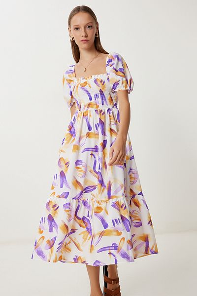 Lovelyİstanbul Rochie țesătă cu mâneci balon LFG0064 PURPLE ORANGE