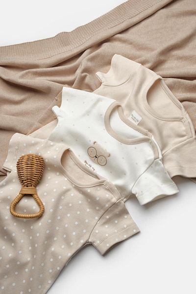 Magu Unisex Baby Cotton Beige Ecru 3-Piece Printed Snap Body Set - Short Sleeve