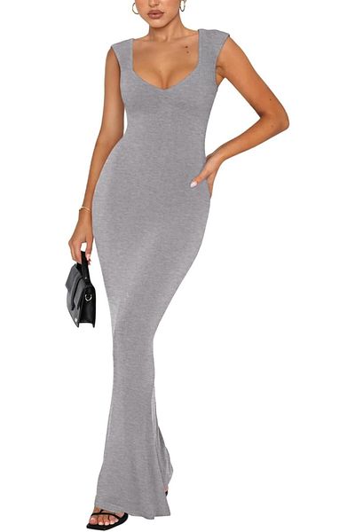REORIA Rochie lungă elegantă, cu decolteu în V, mâneci scurte, model casual, rochie maxi cu model striat
