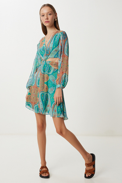 Lovelyİstanbul Φόρεμα σιφόν με μοτίβο και λεπτομέρεια LFG0092 ΠΡΑΣΙΝΟ