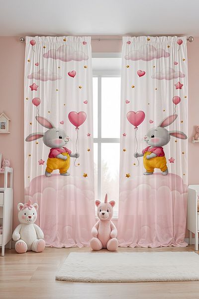 EVPANYA Heart Balloon Rabbit Patterned Children's Baby Room Background Curtain (Single Wing Pricing)