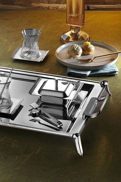 Battal Anes 40 Piece Tea Set for 12 People with Stand 18/10 Stainless Steel Cup Tray Dowry Set