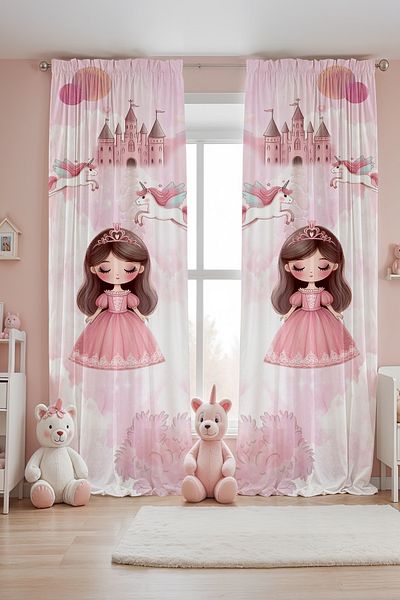 EVPANYA Kaleli Pink Princess Patterned Children's Baby Room Background Curtain (Single Wing Pricing)