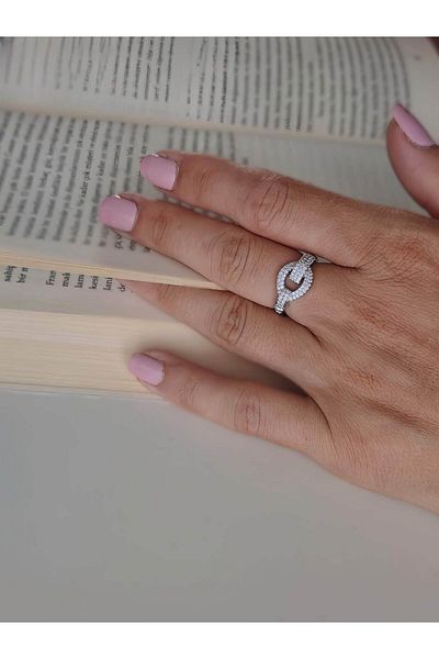 Eva Takı Store Lock Model Zircon Stone Adjustable Silver Silver Color Ring