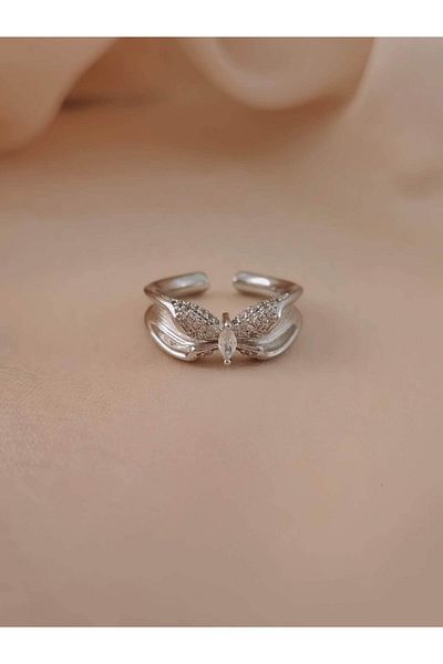 Eva Takı Store Butterfly Model Zircon Stone Adjustable Silver Silver Color Ring