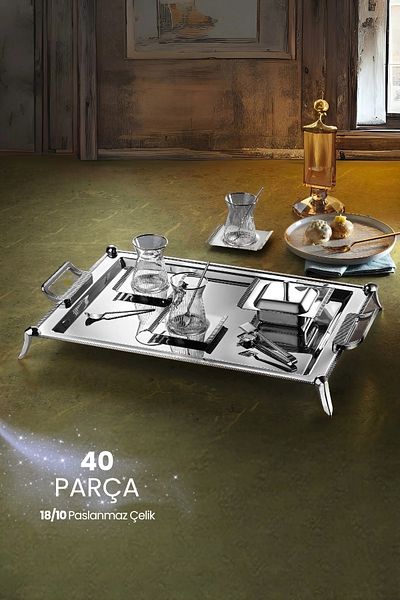 Battal Anes 40 Piece Tea Set for 12 People with Stand 18/10 Stainless Steel Cup Tray Dowry Set
