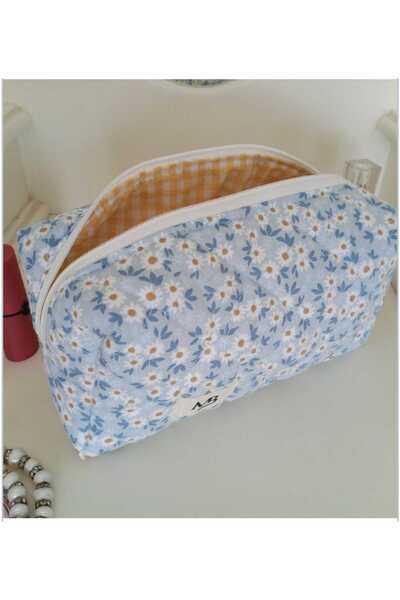 MB Blue Floral Patterned Makeup Bag - Large Size