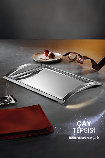 Battal Paris Çay Tepsisi 18/10 Paslanmaz Çelik Servis ve Sunum Tepsisi 50x32 cm