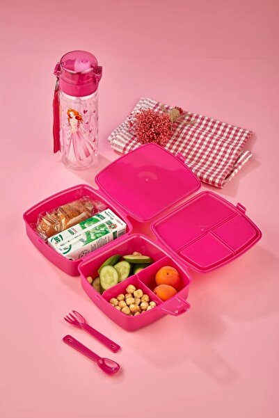 A&A Princess Model Square 4 Compartment 2 Tier Lunch Box and 500 Cc Straw Flask Lunch Box