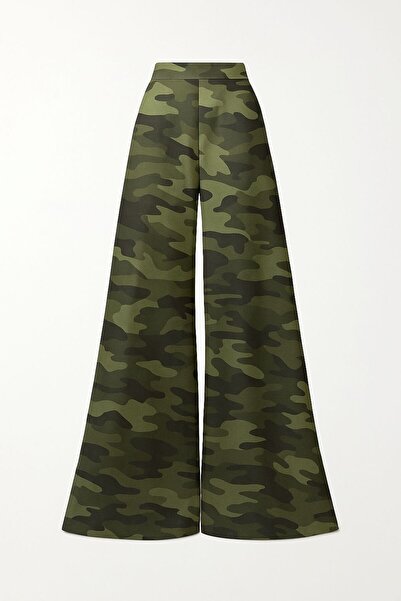 MERT ERKAN Yüksek Bel & Geniş Paçalı Kamuflaj Desenli Poplin Şık Pantolon