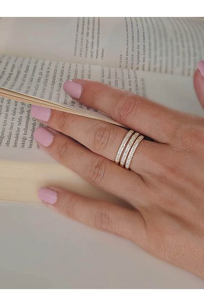Eva Takı Store Triple Zircon Model Zircon Stone Adjustable Gold Gold Color Ring