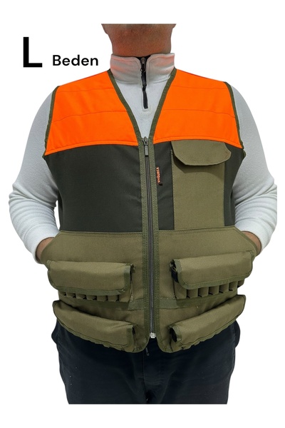 UYĞURCA L Beden Turuncu Omuzlu Haki Avcı Yeleği - 30 Fişek Kapasiteli - 12 Ka...