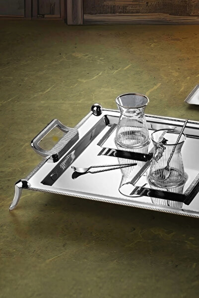 Battal Anes 22 Piece Tea Set for 6 People with Stand 18/10 Stainless Steel Cup Tray Dowry Set