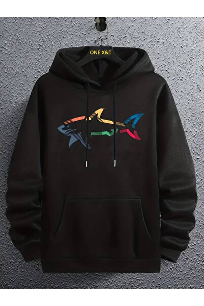 PERISENSE سويت شيرت أسود سميك من الصوف الداخلي مطبوع عليه سمكة القرش مقاس كبي...