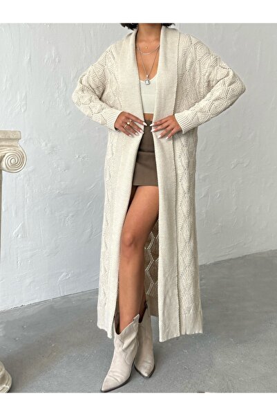 Nosia Women's Shawl Collar Maxi Size Patterned Knitwear Cardigan