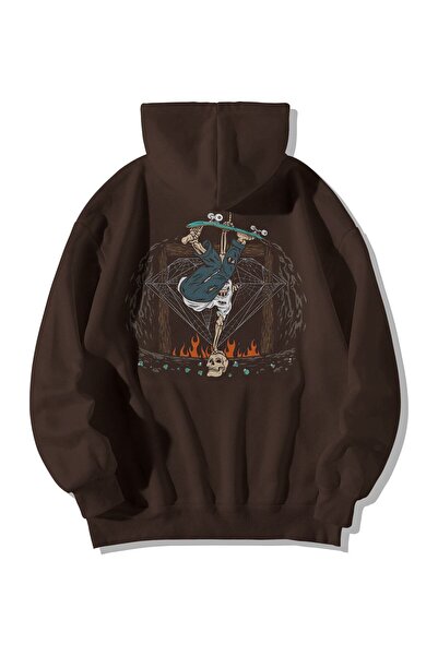 kahire Καφέ Unisex Oversize Hooded Kangaroo Pocket Thrasher Φούτερ με κουκούλα