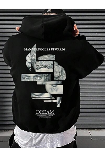 PERISENSE سويت شيرت أسود سميك من الداخل مع قماش صوف مطبوع عليه Drem مقاس كبير...