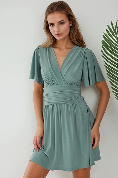 Hiccup V-Neck Short Sleeve Shirred Mini Dress