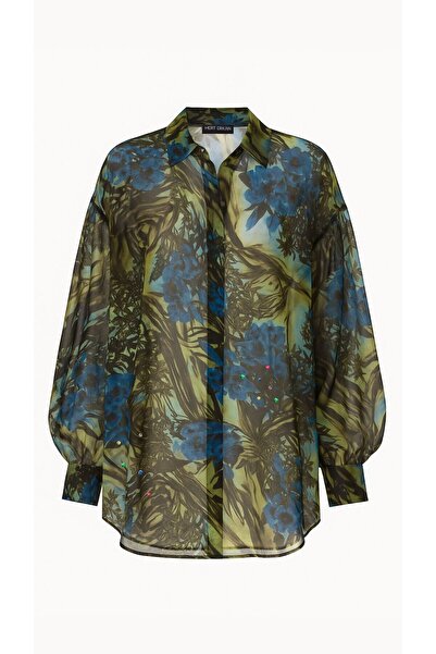 MERT ERKAN Desenli & Aralarda Renkli Taş İşlemeli Saf İpek Şifon Astarsız Sal...