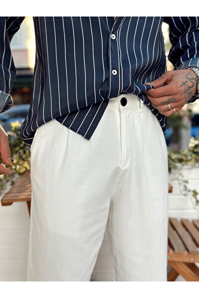 manch collection Pileli Baggy Keten Pantolon Beyaz