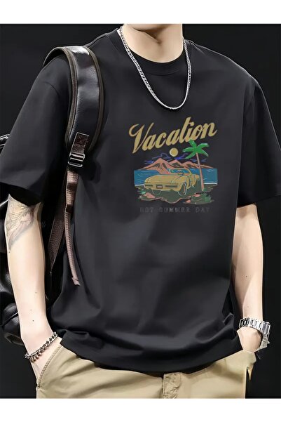 FUFLUNS تي شيرت برقبة دائرية كبيرة الحجم مطبوع عليه عطلة