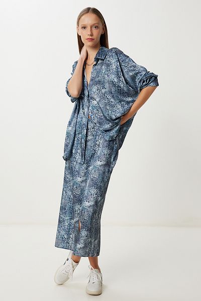 Lovelyİstanbul Patterned Satin Surface Shirt Skirt Suit Lfg0112 Dark Blue Gray