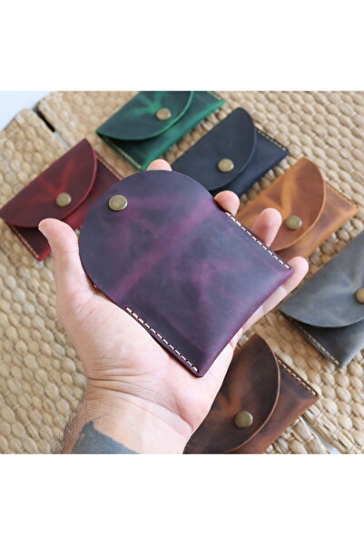 Derici Amca Handmade Leather Card Holder Wallet - Antique Snap Fastener Minimal Card Holder Wallet