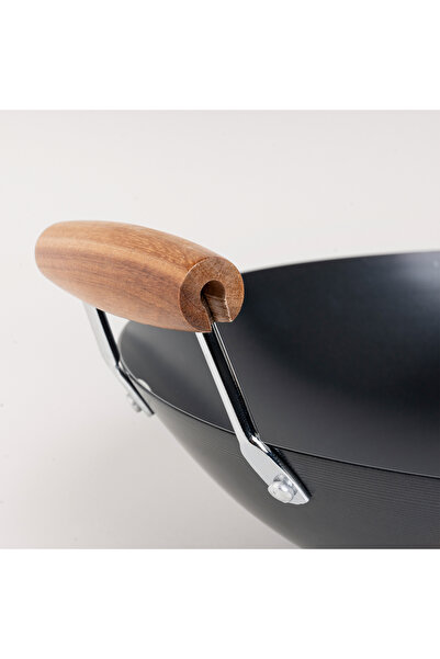 Alberto round black wok carbon steel pan with wooden handle 38 cm