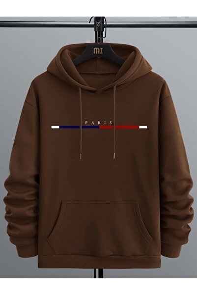 kahire سويت شيرت باريس بقلنسوة مقاس كبير ومخطط من الأسفل للرجال