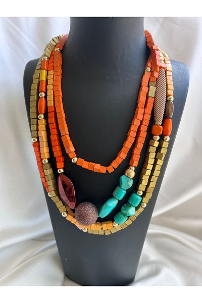 COCOSH TAKI Orange Pink Turquoise Stone Multi Long Twist Necklace