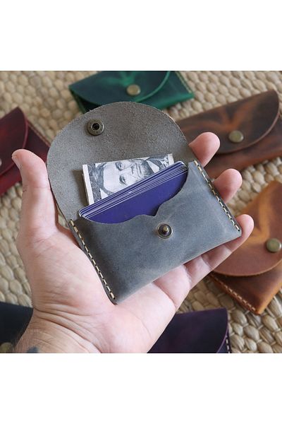 Derici Amca Handmade Leather Card Holder Wallet - Antique Snap Fastener Minimal Card Holder Wallet