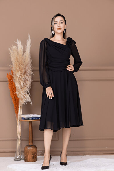 BEYBOS Şifon Kumaş Gül Detaylı Midi Boy Elbise - SİYAH