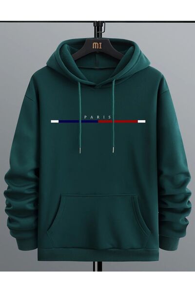 kahire سويت شيرت باريس بقلنسوة مقاس كبير ومخطط من الأسفل للرجال