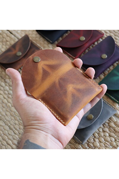 Derici Amca Handmade Leather Card Holder Wallet - Antique Snap Fastener Minimal Card Holder Wallet