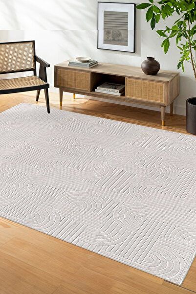 SARAZ HALI Bambu Saten Parlak Tüylü Yumuşak Kadife Halı Hav Tüy Vermez Taç Beyaz