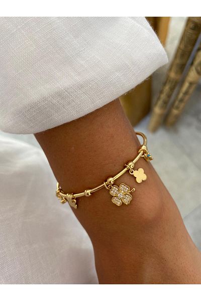marsel aksesuar Zircon Stone Charm Colorful Adjustable Open Gold Bracelet with Flower and Clover Figures