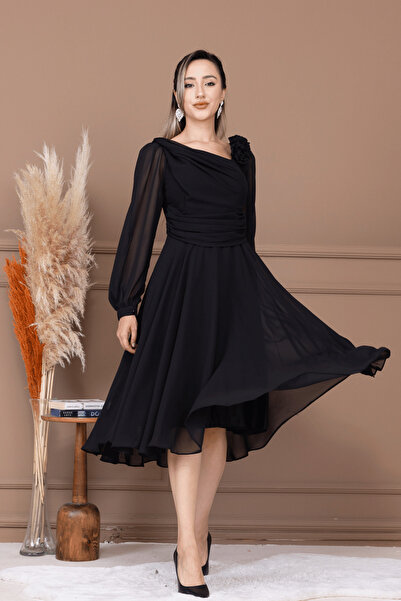 BEYBOS Şifon Kumaş Gül Detaylı Midi Boy Elbise - SİYAH