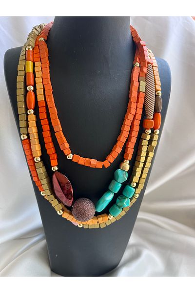COCOSH TAKI Orange Pink Turquoise Stone Multi Long Twist Necklace
