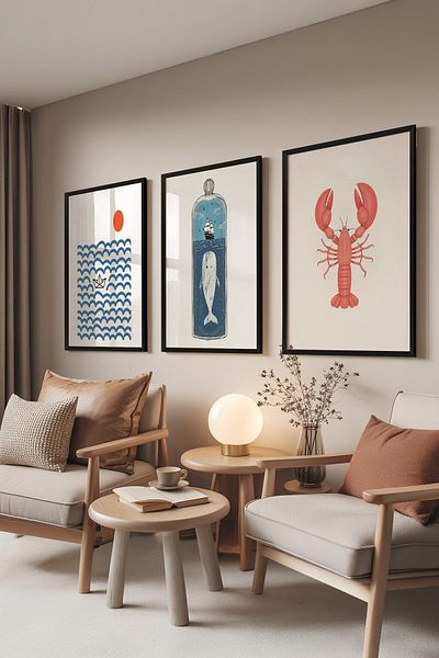 Postifull Black Painting Set, 3 Pieces Black Framed Poster Sea Icons Model No:300831, Blue Wall Decor