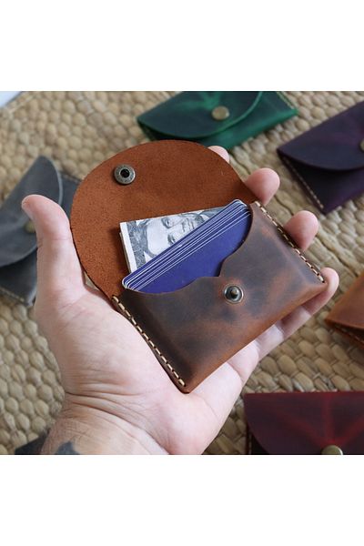 Derici Amca Handmade Leather Card Holder Wallet - Antique Snap Fastener Minimal Card Holder Wallet