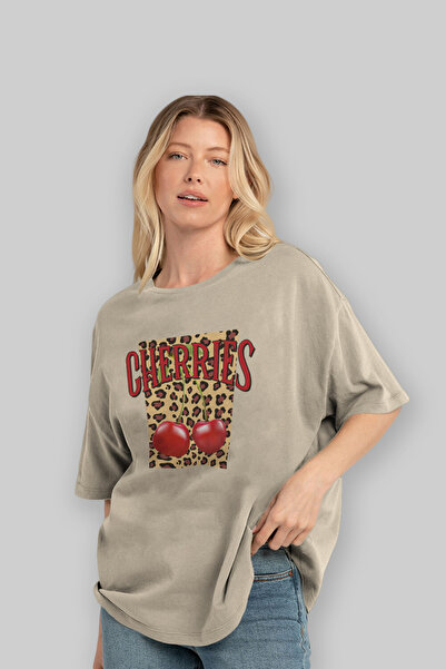 Ankhises Cherry Cherries 6 Μπροστινό εμπριμέ μπλουζάκι Oversize Ανδρικό Γυναικείο Βαμβακερό μπλουζάκι με λαιμόκοψη