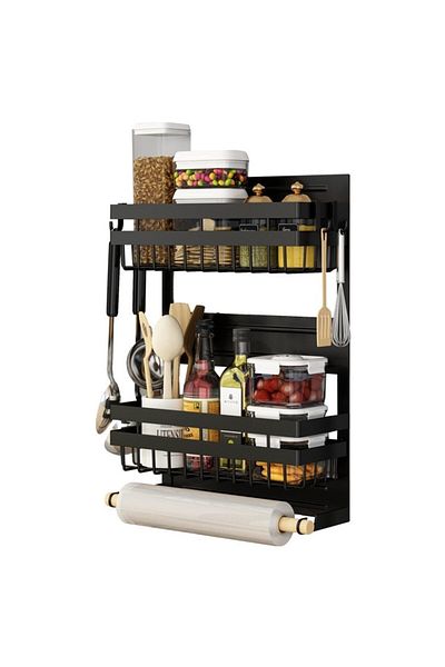 OricareFain Raft universal cu suport pentru role de prosoape, 4 cârlige, montare magnetică, 45 x 30 x 11,5 cm, Negru