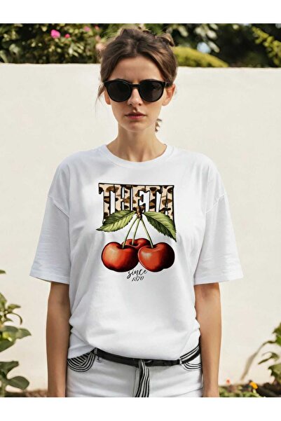 Ankhises Tricou oversize alb cu imprimeu frontal Cherry Cherries 9, pentru bă...