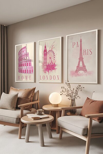 Postifull Beyaz Tablo Seti, 3 Adet Beyaz Çerçeveli Poster Cities Model No:300...