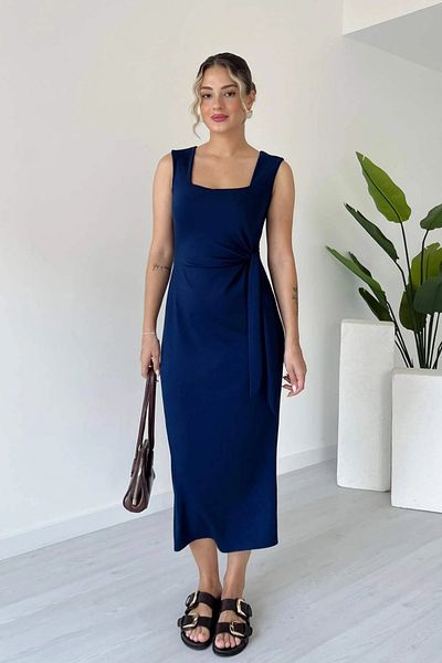 Aventien Square Neck Side Tie Modal Navy Blue Midi Dress